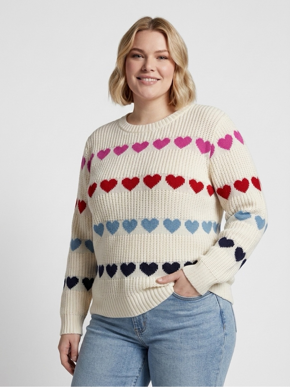 St. John's Bay Cream Heart-Stripe Crew Sweater with Multi-Color Hearts
